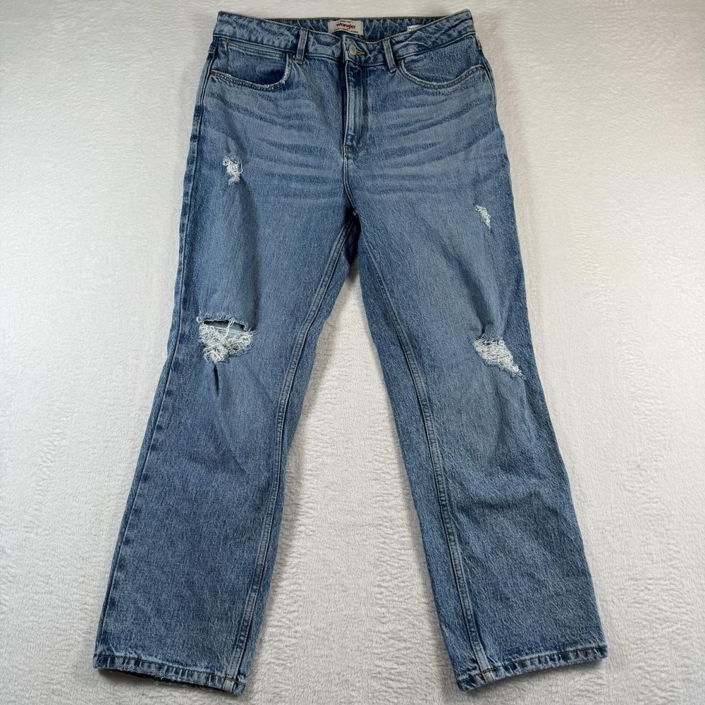 Wrangler High Rise Rodeo Straight Crop Jeans Womens 10 Blue Distressed Denim